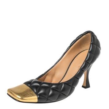 مملوكة مسبقًا Bottega Veneta Black Quilted Leather Square Metal Cap Toe Pumps Size 38