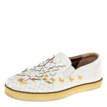 Pre Owned Bottega Veneta White Intrecciato Leather Butterfly Embellished Slip On Sneakers Size 38.5