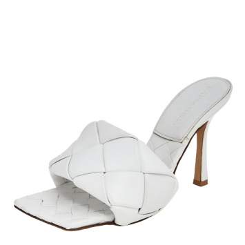 Pre Owned Bottega Veneta White Intrecciato Leather Lido Sandals Size 36.5