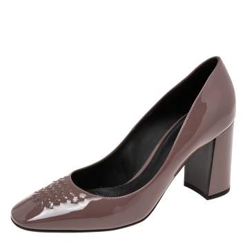 Pre Owned Bottega Veneta Brown Patent Leather Block Pumps Size 38.5