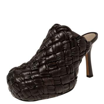 Pre Owned Bottega Veneta Dark Brown Intrecciato Leather The Bold Mules Size 38 