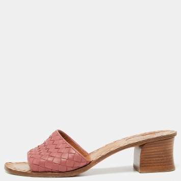 Pre Owned Bottega Veneta Pink Intrecciato Leather Slide Sandals Size 39.5