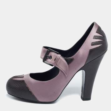 Pre Owned Bottega Veneta Brown/Mauve Lizard Leather and Satin Mary Jane Pumps Size 38.5