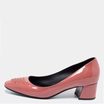 Pre Owned Bottega Veneta Pink Patent Leather Intrecciato Detail Block Heel Pumps Size 36.5