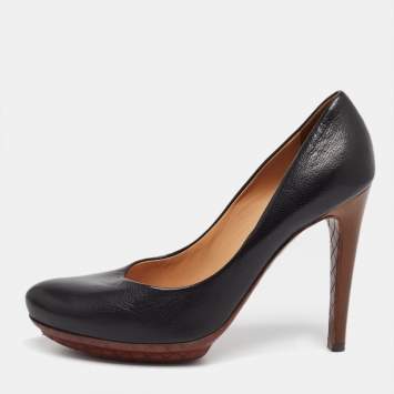 Pre Owned Bottega Veneta Black Leather Round Toe Pumps Size 38