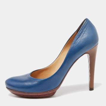 Pre Owned Bottega Veneta Blue Leather Round Toe Platform Pumps Size 37.5