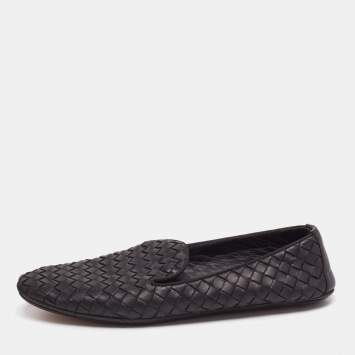 Pre Owned Bottega Veneta Black Intrecciato Leather Smoking Slippers  Size 37