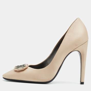 Pre Owned Bottega Veneta Beige Satin Embellished Pumps Size 37
