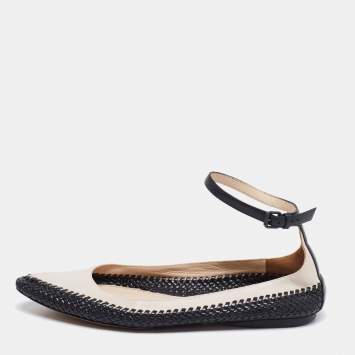 Pre Owned Bottega Veneta Black/Off-White Intrecciato and Leather Ankle-Strap Ballet Flats Size 36