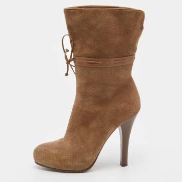 Pre Owned Bottega Veneta Brown Perforated Suede and Leather Mid Calf Boots Size 36.5