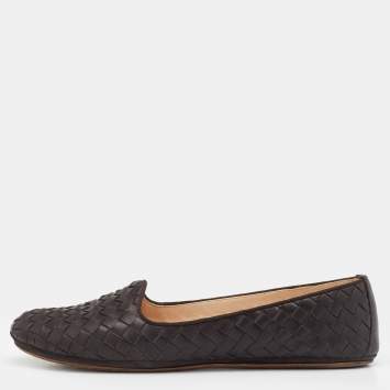 Pre Owned Bottega Veneta Brown Intrecciato Leather Smoking Slippers Size 37.5