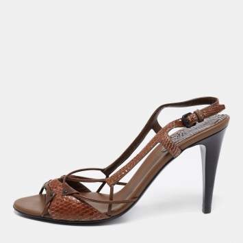 Pre Owned Bottega Veneta Brown Snakeskin Leather Slingback Sandals Size 40