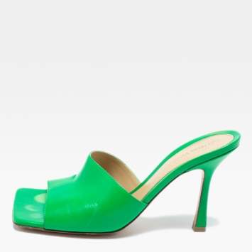 Pre Owned Bottega Veneta Green Leather Square Open Toe Sandals Size 38