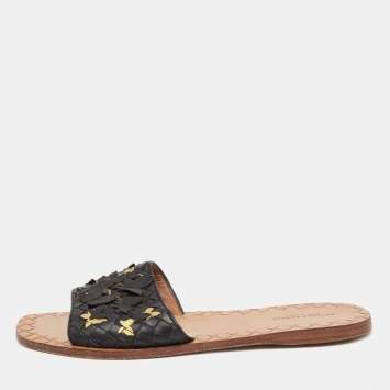 Pre Owned Bottega Veneta Black Intrecciato Leather Butterfly Ravello Flat Slides Size 39