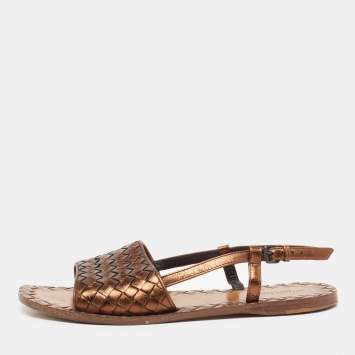 Pre Owned Bottega Veneta Bronze Intrecciato Leather Calvados Slingback Flats Size 39