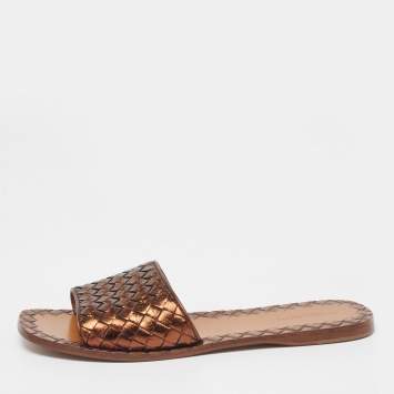 Pre Owned Bottega Veneta Bronze Intrecciato Leather Flat Slides Size 38.5