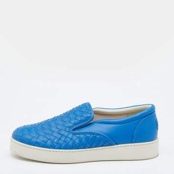 Pre Owned Bottega Veneta Blue Intrecciato Leather Slip On Sneakers Size 38.5