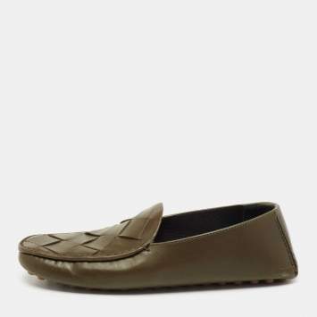 Pre Owned Bottega Veneta Olive Green Intrecciato Leather Slip On Loafers Size 39