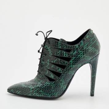 مملوكة مسبقًا Bottega Veneta Green/Black Snakeskin Leather Cut Out Lace-Up Booties Size 40