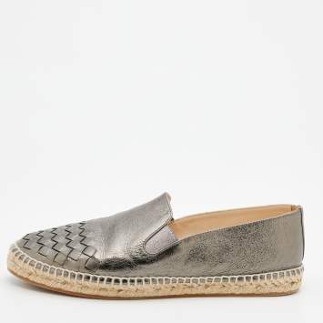 Pre Owned Bottega Veneta Metallic Gunmetal Intrecciato Leather Espadrille Flats Size 39