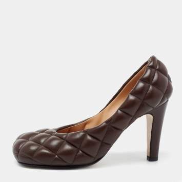 Pre Owned Bottega Veneta Brown Quilted Leather Padded Bloc Square Toe Pumps Size 36.5