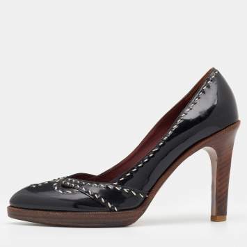 Pre Owned Bottega Veneta Black Patent Leather Wild Stitch Platform Pumps Size 38