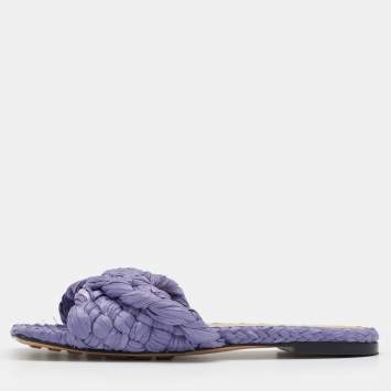 Pre Owned Bottega Veneta Lilac Woven Straw Lido Flat Slide Sandals Size 37
