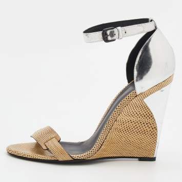 Pre Owned Bottega Veneta Cream/Silver Iguana And Leather Wedge Ankle Strap Sandals Size 40