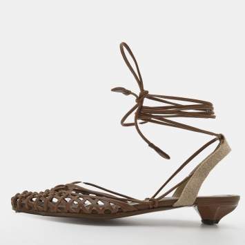 Pre Owned Bottega Veneta Taupe Woven Leather Gladiator Sandals Size 39