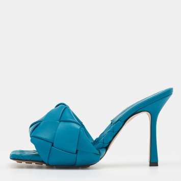 Pre Owned Bottega Veneta Blue Intrecciato Leather Lido Slide Sandals Size 39