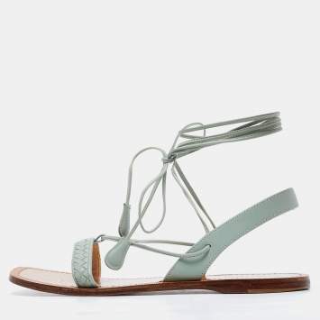 Pre Owned Bottega Veneta Pastel Green Intrecciato Leather Ankle Tie Flat Sandals Size 38.5