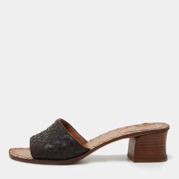 Pre Owned Bottega Veneta Dark Brown Intrecciato Leather Slide Sandals Size 37