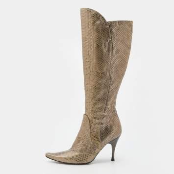 Pre Owned Bottega Veneta Metallic Python Knee Length Boots Size 38