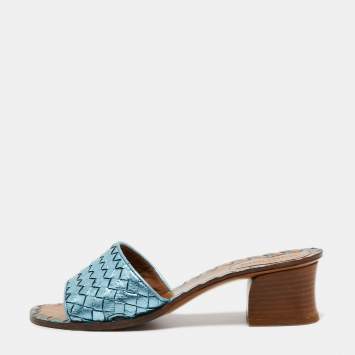 Pre Owned Bottega Veneta Metallic Blue Leather Block Heel Slide Sandals Size 38
