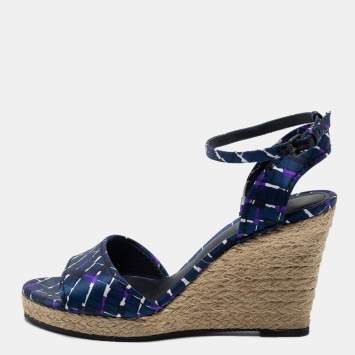 Pre Owned Bottega Veneta Blue Fabric Espadrille Wedge Sandals Size 38