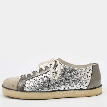 Pre Owned Bottega Veneta Multicolor Intrecciato Leather And Suede Cap Toe Low Top Sneakers Size 38