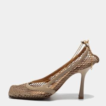 Pre Owned Bottega Veneta Beige Mesh and Leather Stretch Slingback Pumps Size 37