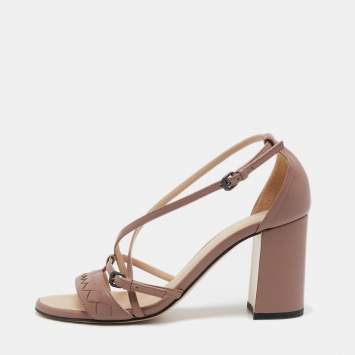 Pre Owned Bottega Veneta Pink Intrecciato Leather Block Heel Sandals Size 35.5