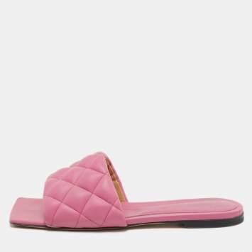 Pre Owned Bottega Veneta Pink Quitled Leather Padded Flat Slides Size 37