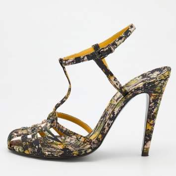 Pre Owned Bottega Veneta Multicolor Printed Fabric Embellished Ankle Strap Sandals Size 39