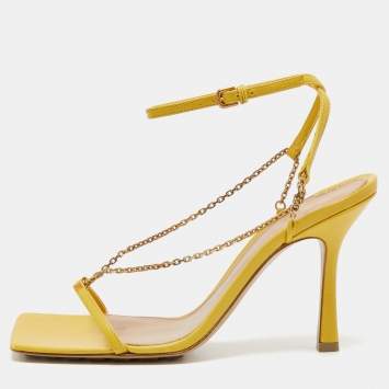 Pre Owned Bottega Veneta Yellow  Leather Stretch Chain Embellished Ankle Strap Sandals Size 38.5