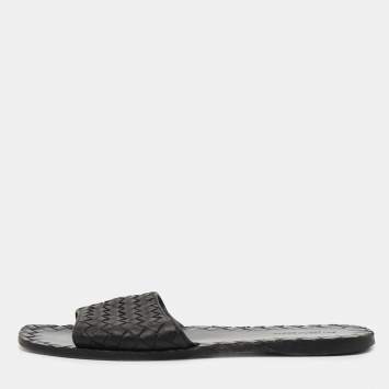 Pre Owned Bottega Veneta Black Intrecciato Leather Flat Slides Size 38 