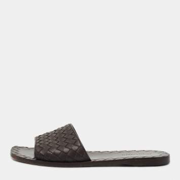 Pre Owned Bottega Veneta Dark Brown Intrecciato Leather Ravello Sandals Size 36