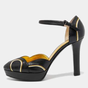 Pre Owned Bottega Veneta Black Leather Platform Ankle Strap Pumps Size 36.5