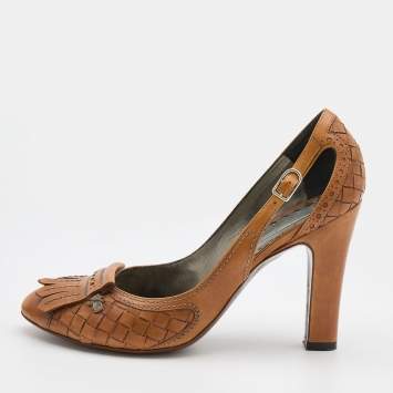 Pre Owned Bottega Veneta Brown Leather Fringe Detail Pumps Size 38