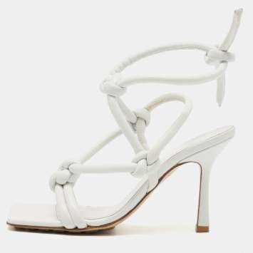 Pre Owned Bottega Veneta White Leather Knotted Ankle Strap Sandals Size 37