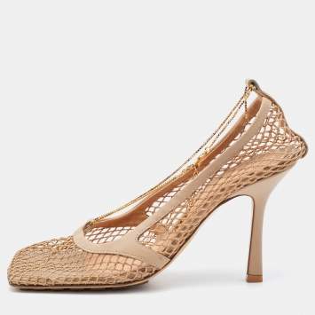 Pre Owned Bottega Veneta Beige Leather and Stretch Mesh Pumps Size 39