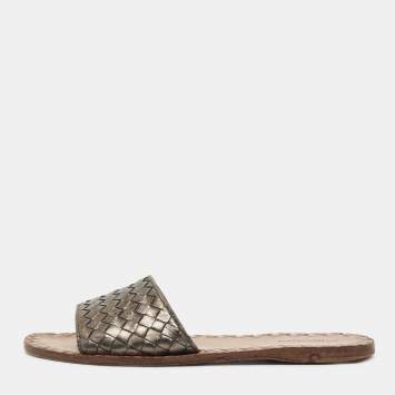 Pre Owned Bottega Veneta Metallic Intrecciato Leather Flat Slides Size 39.5