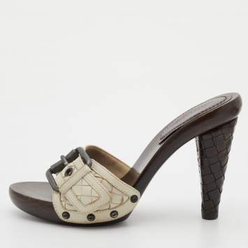 Pre Owned Bottega Veneta White Intrecciato Leather Buckle Detail Platform Slide Sandals Size 36
