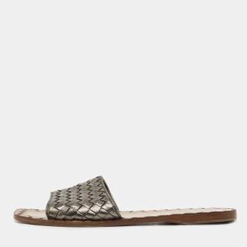 Pre Owned Bottega Veneta Metallic Intrecciato Leather Flat Slides Size 38